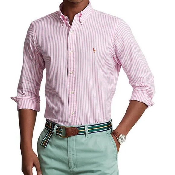 Polo Ralph Lauren Men's Pink Striped Slim Fit Button-Down Long Sleeve Shirt - Picture 1 of 9